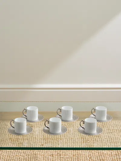 L'objet Corde Set Of Six Platinum-plated Porcelain Espresso Cups And Saucers In White
