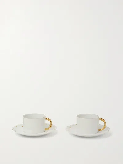 L'objet Haas Mojave Set Of Two Gold-plated Porcelain Tea Cups And Saucers In White