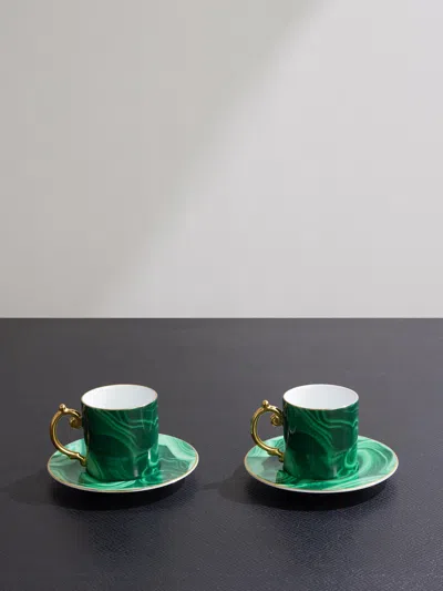 L'objet Malachite Set Of Two Gold-plated Porcelain Espresso Cups And Saucers In Green