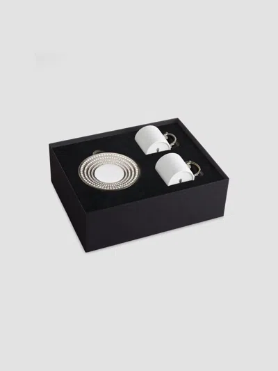 L'objet Perlée 4-piece Porcelain & Platinum Espresso Cup & Saucer Set In White