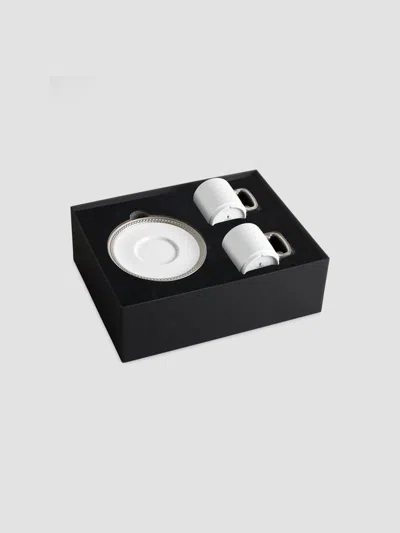 L'objet Soie Tressee Silver Espresso Cup & Saucer Set In White