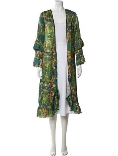 Pre-owned Loborosa Animal Print Ruffle Embellishment Robe In Green