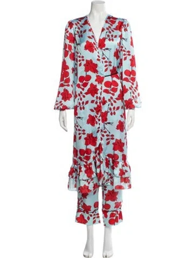 Pre-owned Loborosa Floral Print Bow Accents Pajamas In Blue