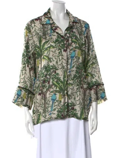 Pre-owned Loborosa Floral Print Three-quarter Sleeve Blouse In Green