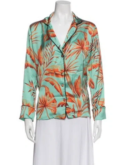 Pre-owned Loborosa Floral Print V-neck Button-up Top In Green