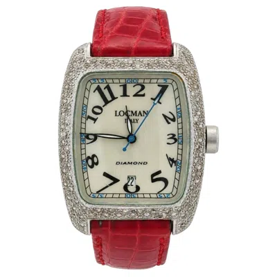 Pre-owned Locman Italy Diamond Encrusted Watch W/ Mop Dial & Red Leather Strap Ref. 488