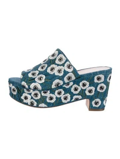 Pre-owned Loeffler Randall Canvas Floral Print Slides In Blue