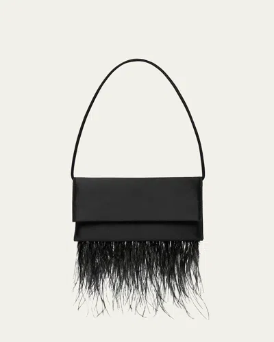 Loeffler Randall Charlee Feather Flap Satin Shoulder Bag In Black
