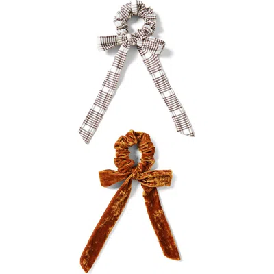 Loeffler Randall Dee Set Of 2 Bow Scrunchies In Ochre/ Chocolate Plaid