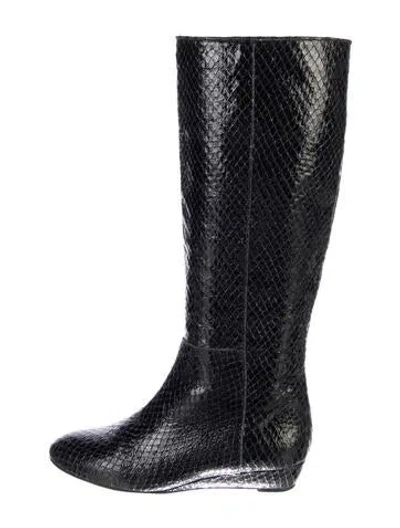 Pre-owned Loeffler Randall Embossed Leather Rain Boots In Black