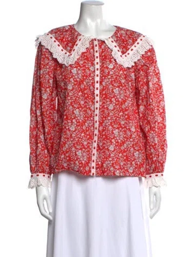 Pre-owned Loeffler Randall Floral Print Long Sleeve Blouse In Red