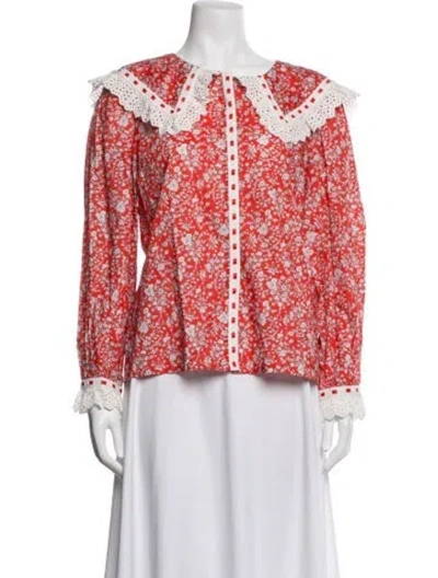 Pre-owned Loeffler Randall Floral Print Long Sleeve Blouse In Red