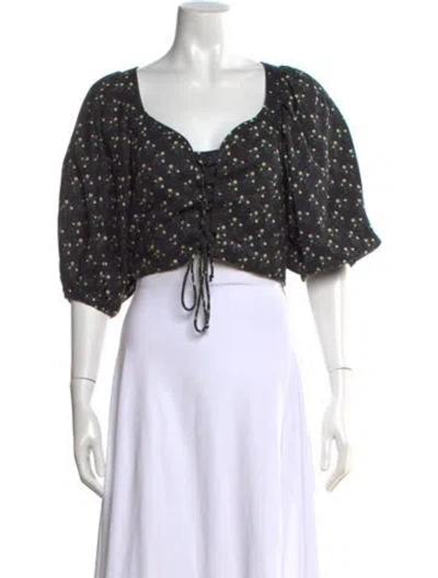 Pre-owned Loeffler Randall Floral Print Square Neckline Top In Black