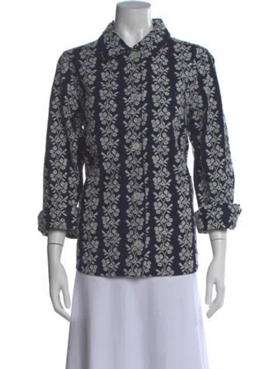 Pre-owned Loeffler Randall Floral Print Three-quarter Sleeve Top In Blue