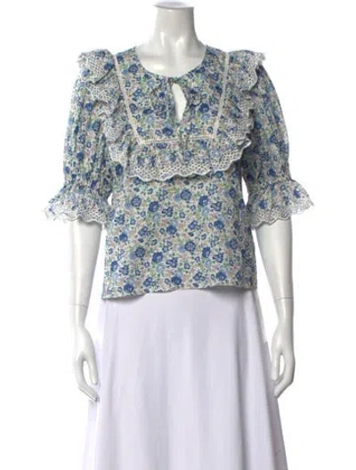 Pre-owned Loeffler Randall Floral Print Tie Neck Blouse In Blue