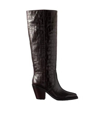 Loeffler Randall Lynn Croc-effect Leather Knee Boots In Brown