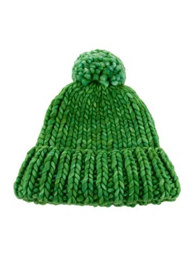 Pre-owned Loeffler Randall Knit Beanie With Pom-pom Embellishment  W/tags In Green