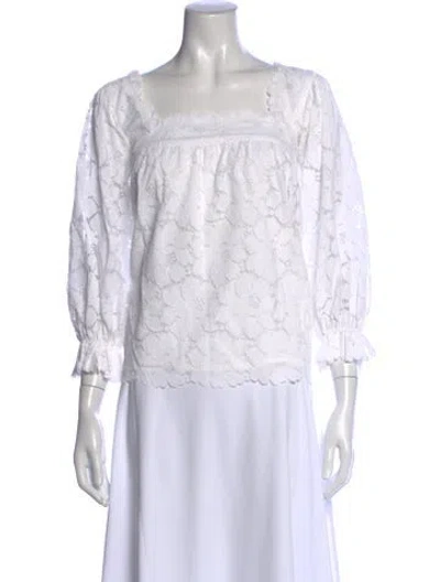 Pre-owned Loeffler Randall Lace Pattern Square Neckline Blouse In White