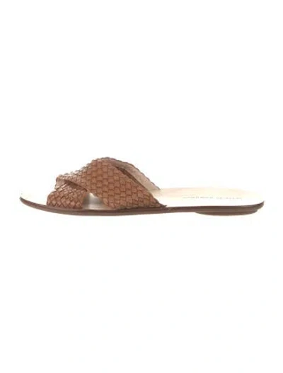 Pre-owned Loeffler Randall Leather Braided Accents Slides In Brown