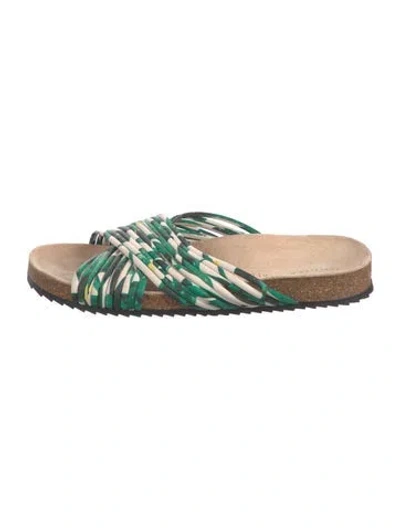 Pre-owned Loeffler Randall Leather Floral Print Slides In Green/neutrals