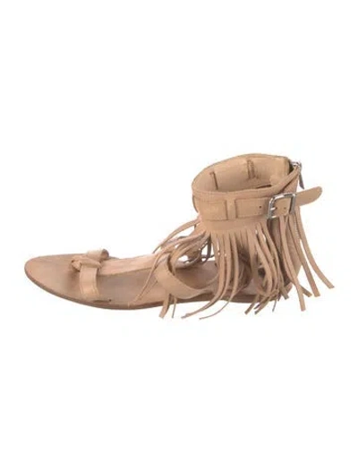 Pre-owned Loeffler Randall Leather Fringe Trim Accent Gladiator Sandals In Neutrals