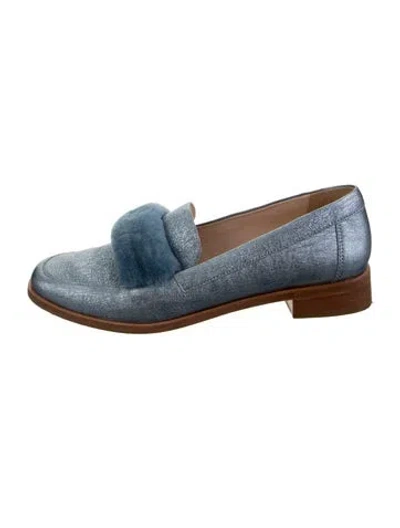 Pre-owned Loeffler Randall Leather Fur Trim Loafers In Blue/metallic