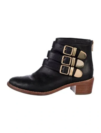 Pre-owned Loeffler Randall Leather Moto Boots In Blue