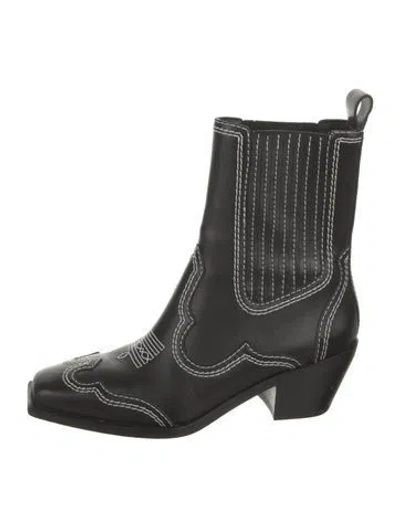 Pre-owned Loeffler Randall Leather Patterned Western Boots In Black