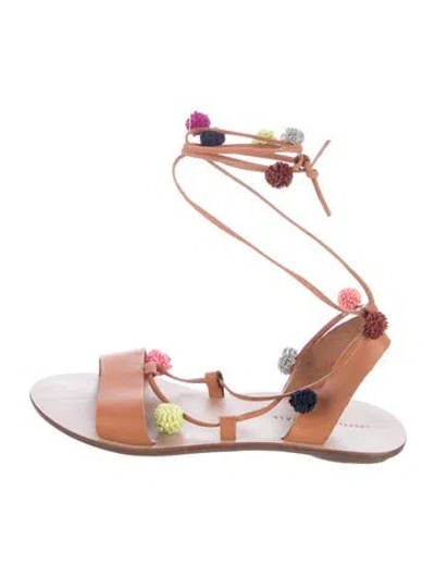 Pre-owned Loeffler Randall Leather Pom-pom Embellishments Gladiator Sandals In Brown