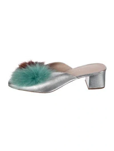 Pre-owned Loeffler Randall Leather Pom-pom Embellishments Mules In Silver