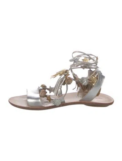 Pre-owned Loeffler Randall Leather Tassel Accents Gladiator Sandals In Silver
