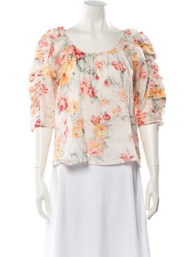 Pre-owned Loeffler Randall Linen Floral Print Blouse In Neutral