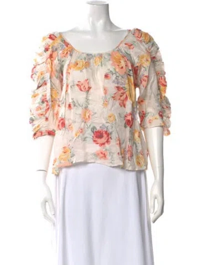 Pre-owned Loeffler Randall Linen Floral Print Blouse In White
