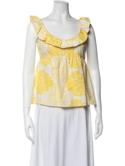 Pre-owned Loeffler Randall Linen Floral Print Top In Yellow