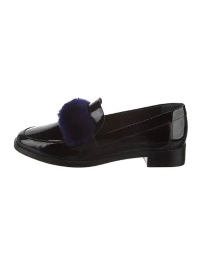 Pre-owned Loeffler Randall Patent Leather Fur Trim Loafers In Black/blue