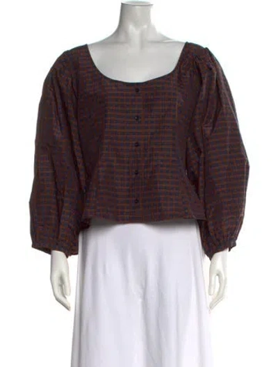 Pre-owned Loeffler Randall Plaid Print Square Neckline Blouse In Blue
