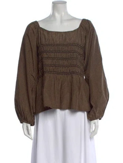 Pre-owned Loeffler Randall Plaid Print Square Neckline Blouse In Brown