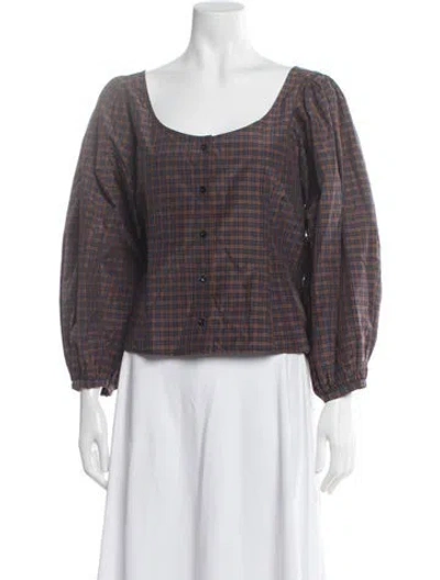 Pre-owned Loeffler Randall Plaid Print Square Neckline Top In Blue
