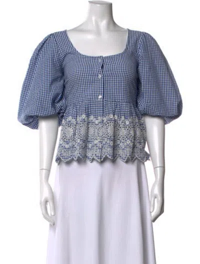 Pre-owned Loeffler Randall Plaid Print Square Neckline Top In Blue/white