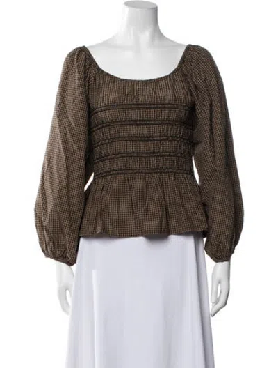 Pre-owned Loeffler Randall Plaid Print Square Neckline Top In Brown