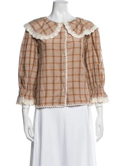 Pre-owned Loeffler Randall Plaid Print Three-quarter Sleeve Blouse In Brown