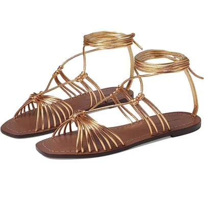 Loeffler Randall Romy Flat Sandals Women's Gold Leather Square Toe Htat1634 In Brown