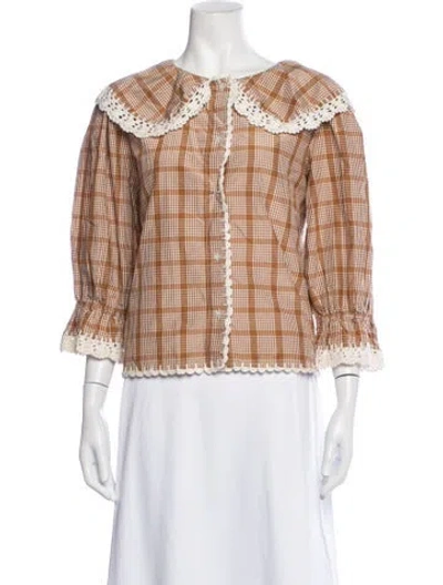 Pre-owned Loeffler Randall Silk Plaid Print Blouse In Brown