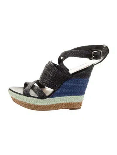 Pre-owned Loeffler Randall Straw Colorblock Pattern Sandals In Blue