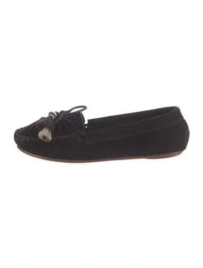 Pre-owned Loeffler Randall Suede Bow Accents Flats In Black
