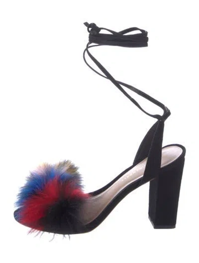 Pre-owned Loeffler Randall Suede Faux Fur Trim Sandals In Black