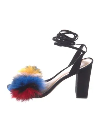 Pre-owned Loeffler Randall Suede Faux Fur Trim Sandals In Blue