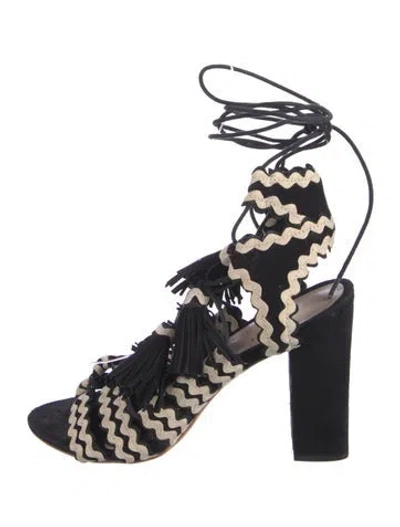 Pre-owned Loeffler Randall Suede Floral Print Gladiator Sandals In Black