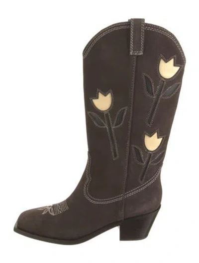 Pre-owned Loeffler Randall Suede Floral Print Western Boots In Brown