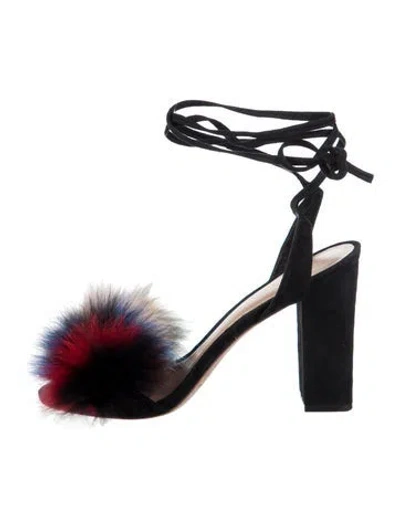 Pre-owned Loeffler Randall Suede Fur Trim Sandals In Black